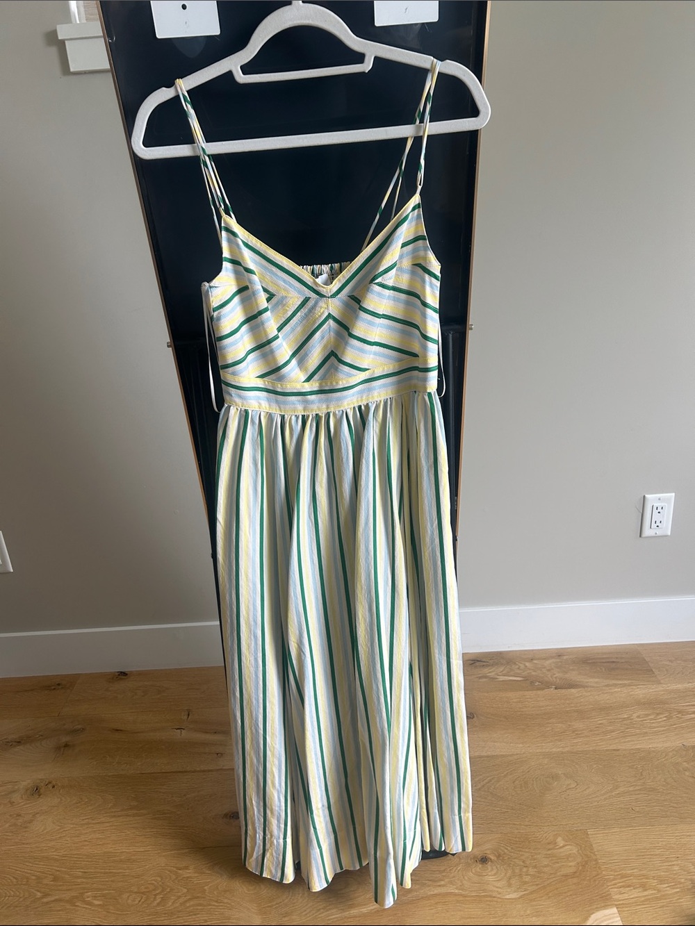 La Ligne Striped V-Neck Maxi Dress in White, Green & Yellow